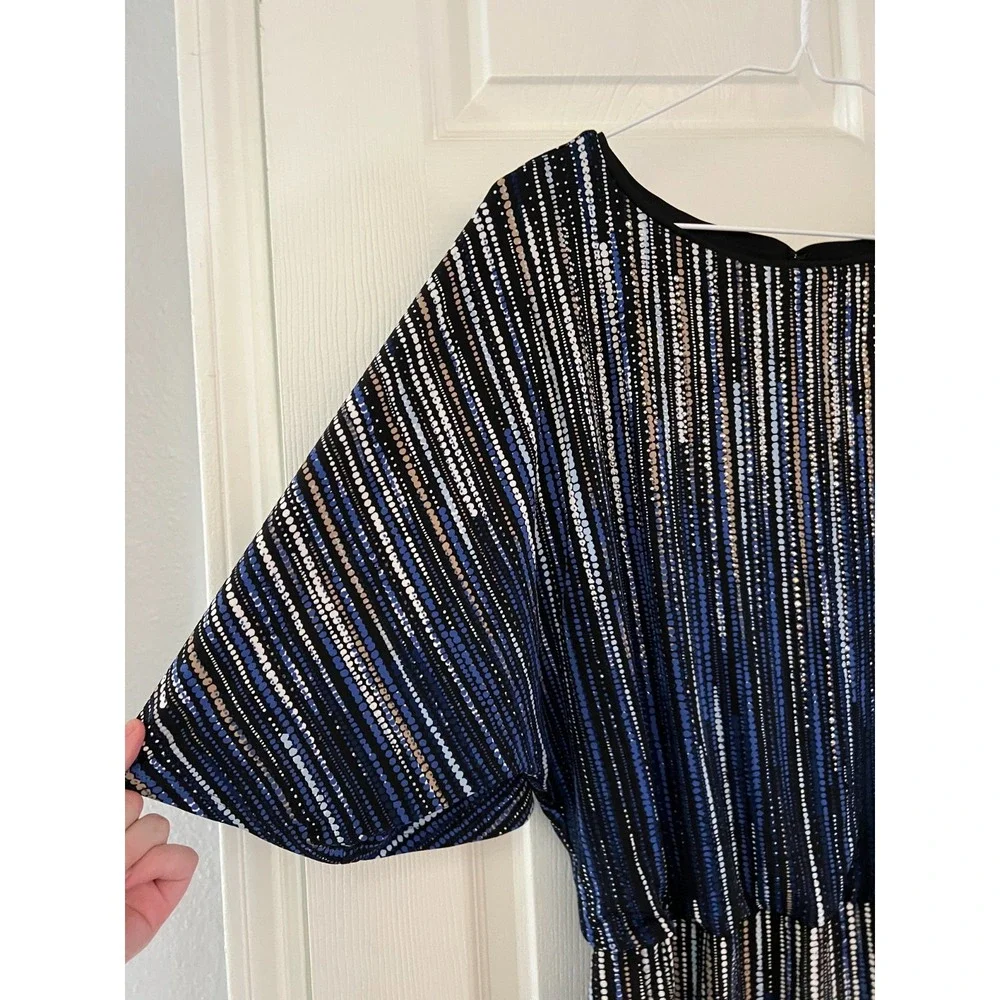 WHBM Blouson Mini Dress‎ Women's Medium Black Blue Sequin Stripe Cocktail Party